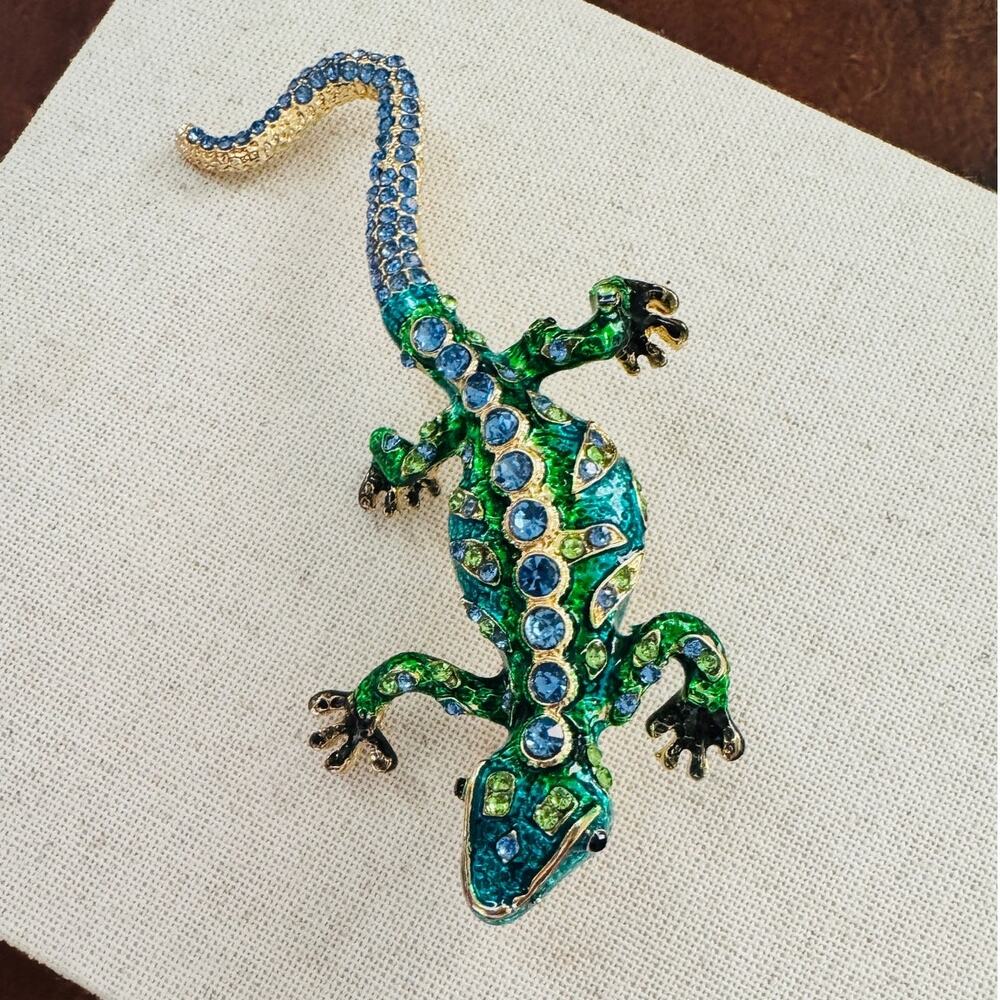Colorful Crystal Gecko Brooch Pin Enamel Rhinestone Lizard Statement